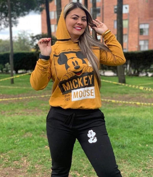 Conjuntos en algodon perchado licrado Mickey cuadro mostaza